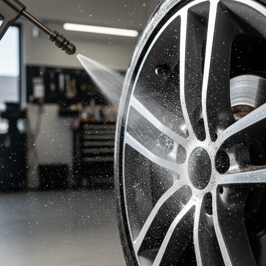 분무기 노즐에서 미세한 안개처럼 분사되는 세정제가 분진이 쌓인 휠 표면에 닿는 순간을 포착한 고속 촬영 이미지, 튀는 물방울과 역동적인 구도.