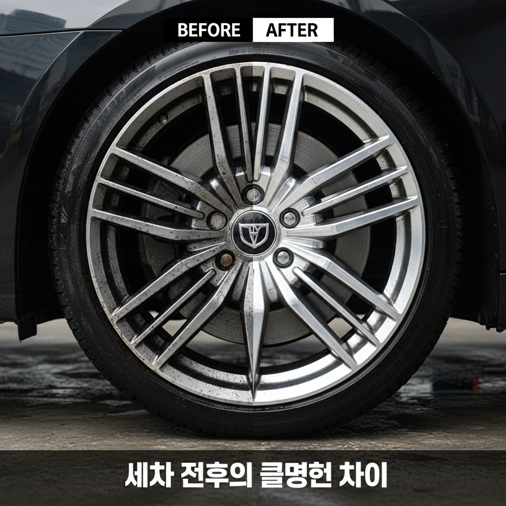 세차 전후의 극명한 차이를 보여주기 위해 휠의 절반은 검은 분진이 가득하고 나머지 절반은 거울처럼 빛나는 상태를 연출한 스플릿 뷰 이미지.