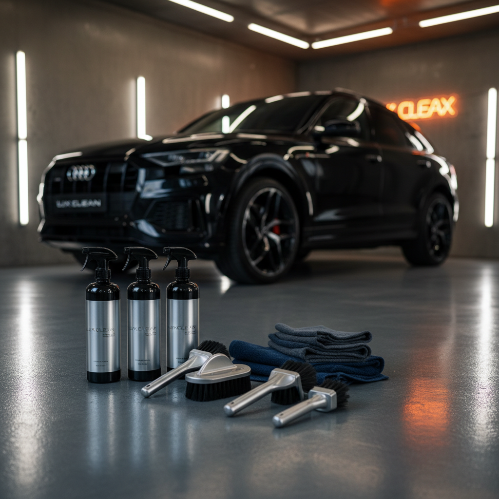 세련된 차고 바닥에 정갈하게 배치된 휠 세정제, 전용 브러시, 마이크로파이버 타월 등 전문 디테일링 도구 세트와 배경의 럭셔리 SUV.